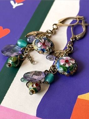 Vintage/style boho maximalist cloisonné & beaded dangle earrings